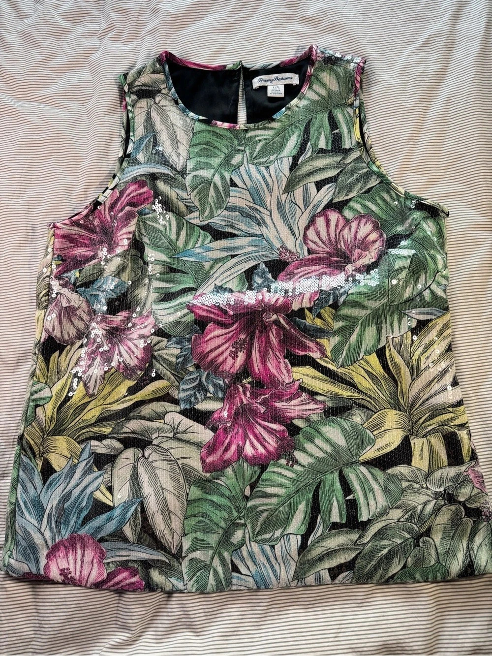 Tommy Bahama Floral Sequin Tank Blouse in Green & Pink Large Like New